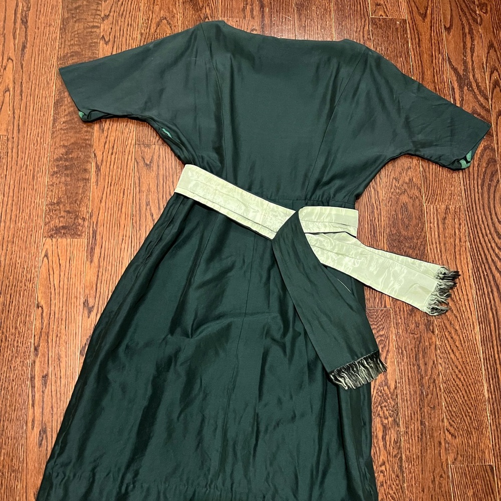 Authentic Original Vintage Style Dark Green Dress with Light Green Sash